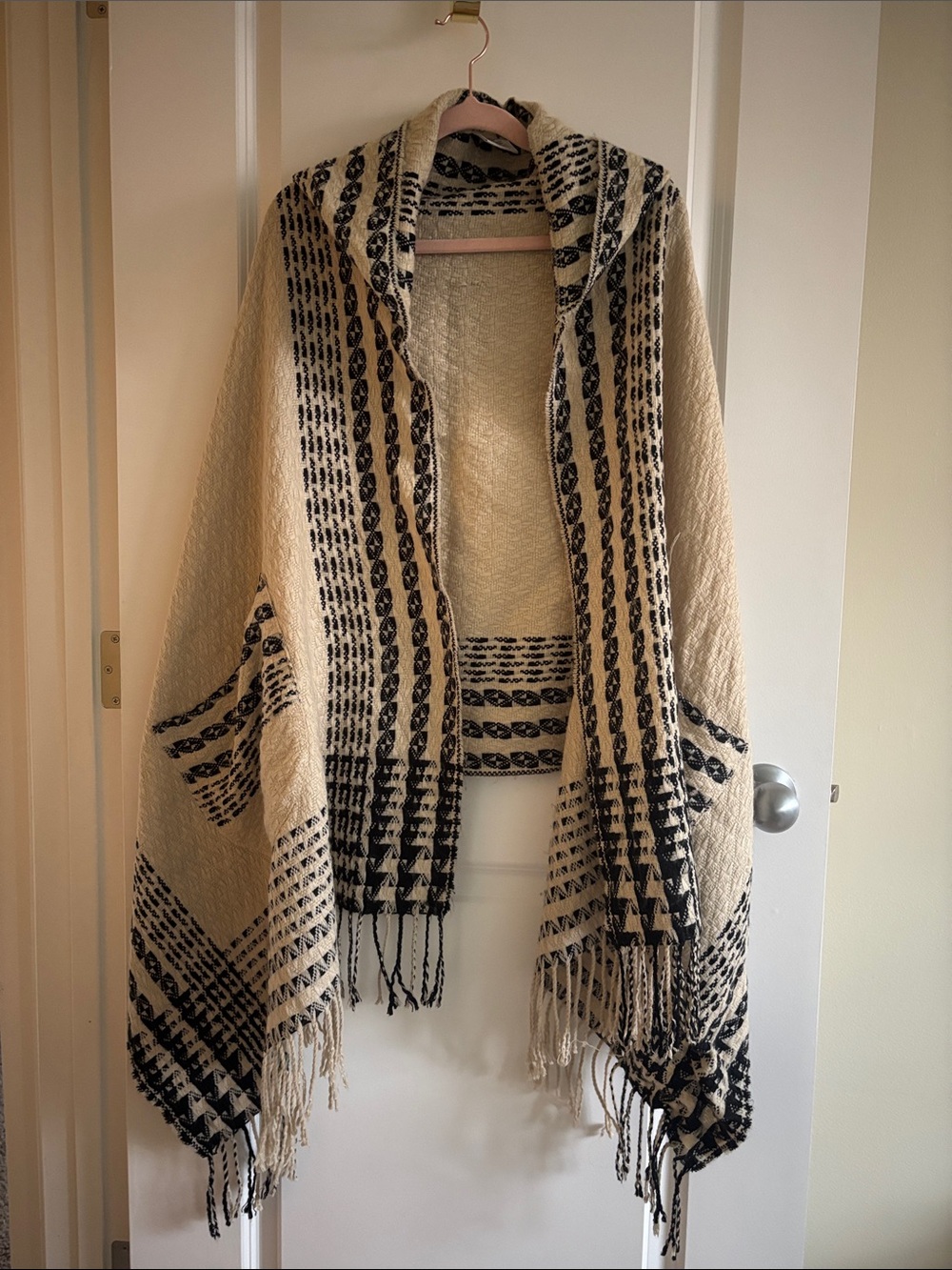 Free People Cream and Black Hooded Fringe Wrap Poncho